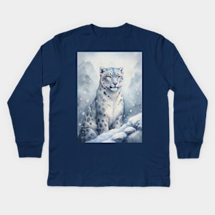 A Proud Snow Leopard Went Hunting, in the Snowy forest, Hight Mountains, Snow Falling, Winter Landscape, Wildlife White Panthera, Watercolor Realistic Illustration, Art, Portrait, Poster, Shirt, Christmas Holiday, Birthday gifts, Hunting lover Kids Long Sleeve T-Shirt